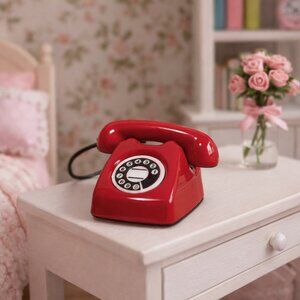 Mini Dollhouse Vintage Red Rotary Telephone 1:12 Scale Metal Phone w Handset NEW